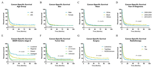 Cancer-specific survival of patients with ATC by different variables.
