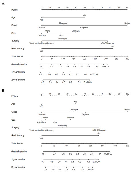 Nomograms for predicting 6-month, 1-year, 2-year OS and CSS rates of patients with ATC.