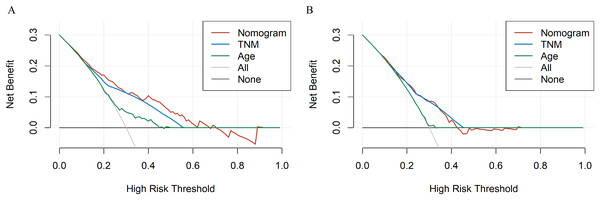 The DCA curves of the nomogram compared with prognosis based on TNM staging.