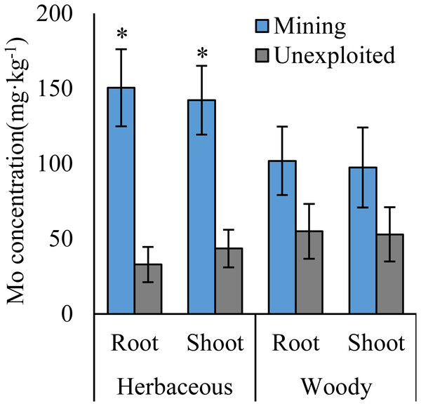 Mo concentration of different life forms of plants growing in the mining and the unexploited areas.