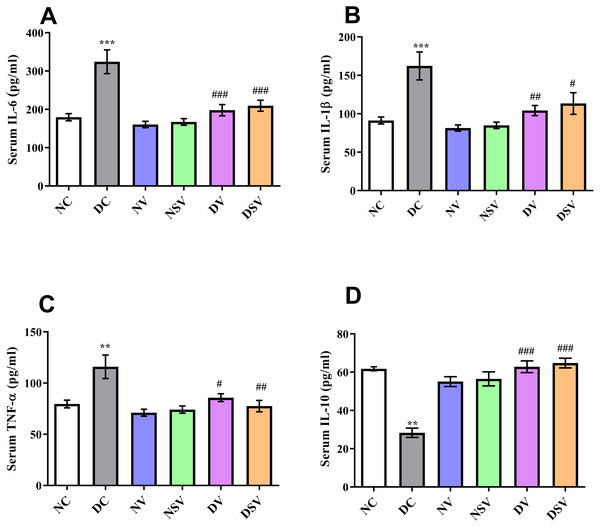 Effect of valsartan and LCZ696 on serum pro-inflammatory cytokines including interleukin-6 (IL-6) (A), interleukin-1β (IL-1β) (B), tumor necrosis factor-α (TNF-α) (C) and interleukin-10 (IL-10) (D) in STZ-induced diabetic rats.