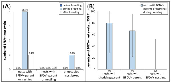 Number of nest boxes, in all three test groups, with BFDV-positive nest swabs before, during and after breeding, and percentage of BFDV-positive nest swabs in nests with BFDV-positive adults or nestlings, and BFDV shedding parents, during the breeding season.