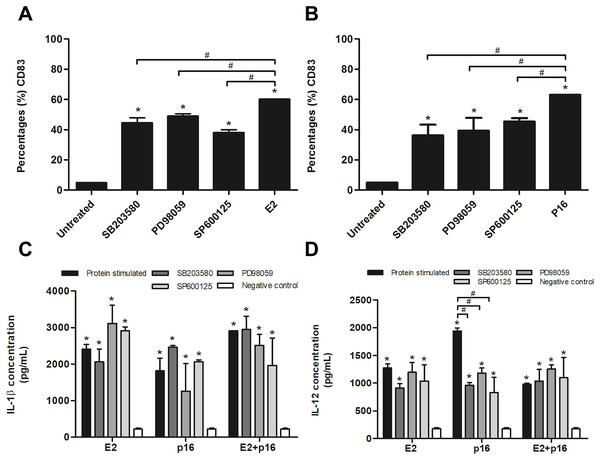 Expression of CD83 and cytokine production by MDCs stimulated by HPV16 E2 and/or p16INK4a proteins.