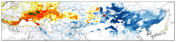 Predicted suitable regions for Strauchbufo raddei distribution under the mid-Pleistocene climate conditions.