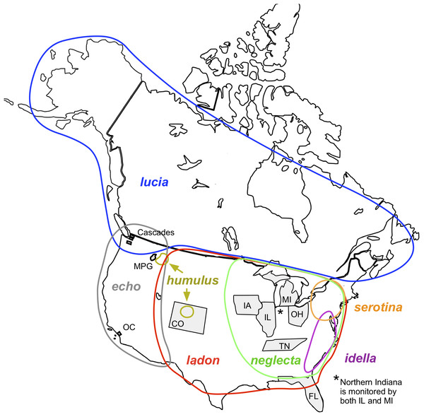 Map of North America showing locations of monitoring programs and C. ladon taxa (Wright & Pavulaan, 1999; Pavulaan & Wright, 2005).