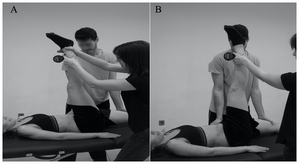 Hip flexion angle measured during passive (A) and active (B) straight leg raise test.
