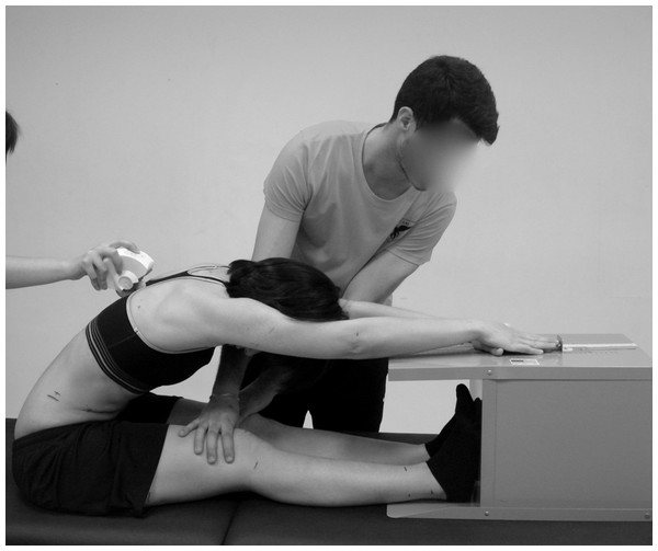 Distance and pelvic tilt measured during maximal trunk flexion in sitting with the extended knees (sit-and-reach test).