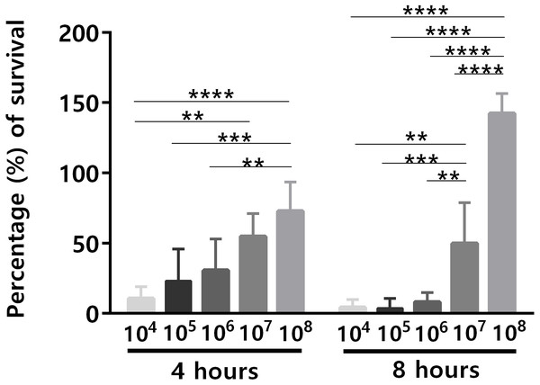 The effect of initial bacterial concentrations on the ability of S. epidermidis to survive in human blood after 4 h and 8 h of incubation.