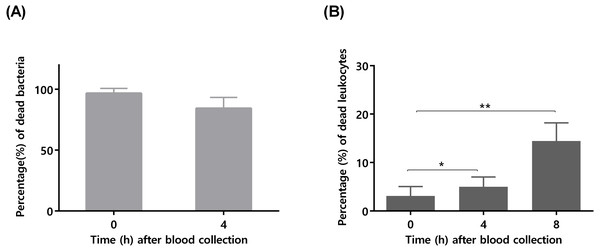 The influence of time after blood collection on bacterial survivability and leukocyte viability.