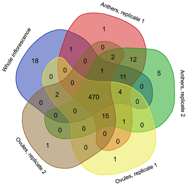 Venn diagram representing the occurrence of RNA editing events in different RNA-seq samples.