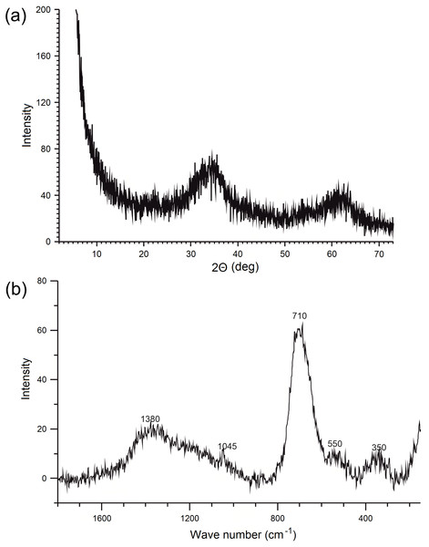 X-ray diffractogram (A) and Raman spectrum (B) of ferrihydrite.