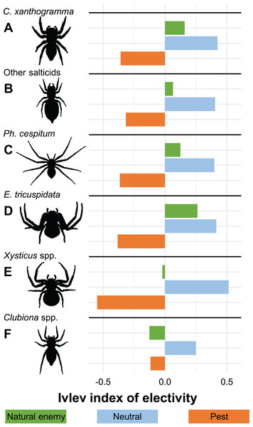 Ivlev’s electivity index for arboreal hunting spider groups, Újfehértó, Hungary, 2016–2017.