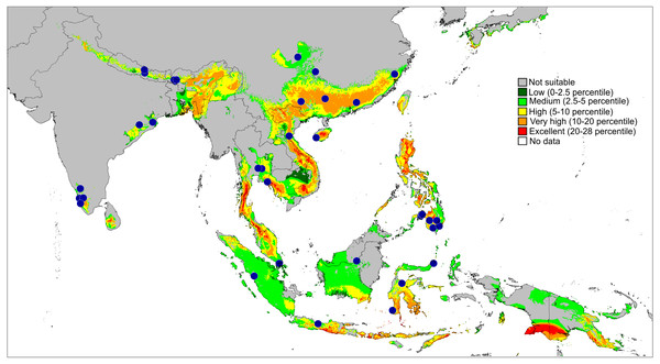 Actual (dots) and predicted distribution of Epeus (51 field records).