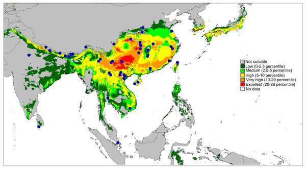 Actual (dots) and predicted distribution of Ptocasius (72 field records).