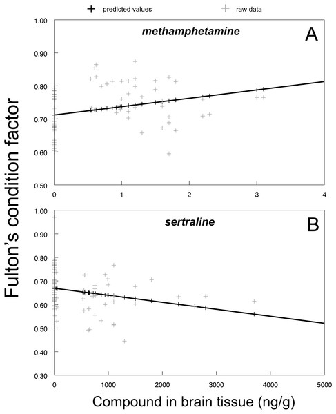 Fulton’s condition factor ‘K’ in relation to methamphetamine (A; predicted regression line is fitted by y = 0.7116 + 0.0253x; r2 = 0.9) and sertraline (B; predicted regression line is fitted by y = 0.6688 − 0.0001x; r2 = 0.9) in brain tissue.