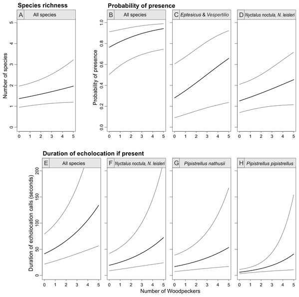 Bat species richness (A), probability of presence (B–D) and duration of echolocation calls (E–H) as a function of number of Great Spotted Woodpeckers observed at a point-count site in Pisz Forest, NE Poland, as predicted by models summarized in Table 1.