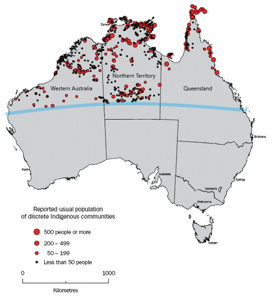 Map adapted from the Australian Bureau of Statistics, showing location and population of discrete Indigenous communities in northern Australia (i.e., above the Tropic of Capricorn (blue line)).