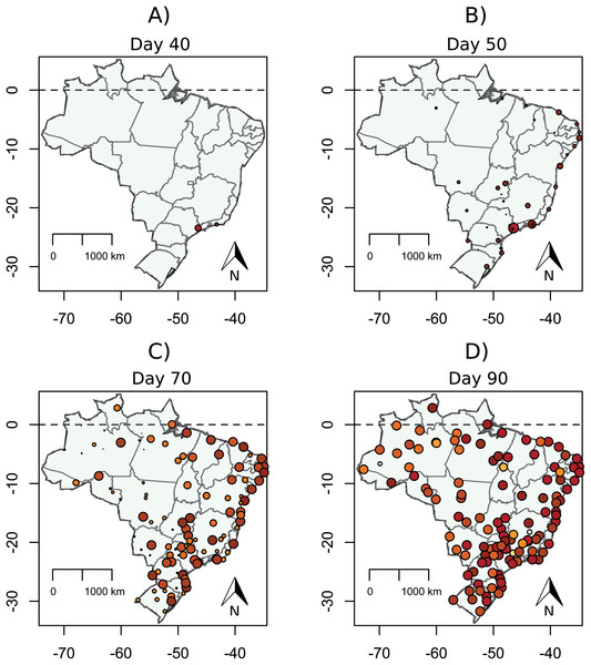Proportion of infected population of each Brazilian city in 40 (A), 50 (B), 70 (C), and 90 (D) days.