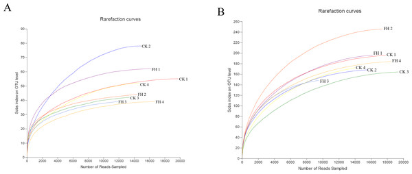 Rarefaction curves for ammonia-oxidizing bacterial (A) and nirS-type denitrifying bacterial (B) OTU diversity in different samples.