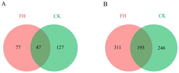 Numbers of shared and unique ammonia-oxidizing bacterial (A) and nirS-type denitrifying bacterial (B) Operational Taxonomic Units (OTUs).