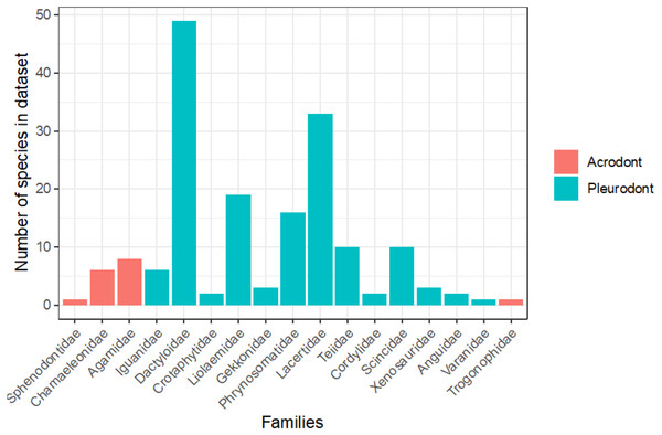 Number of species analyzed for bite force by family, colored by tooth implantation.