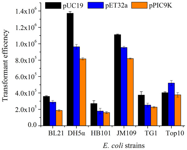 The transformation efficiency of various E. coli strains prepared by SrCl2 method for different plasmids.