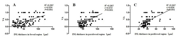 The correlation between VA and the INL thickness in the foveal (A), parafoveal (B) and perifoveal (C) regions in 105 patients with ERM.