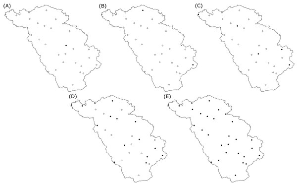 Spatial location of the optimized rain gauges for scenarios of (A) one, (B) two, (C) five, (D) fifteen and (E) all (29) rain gauges.