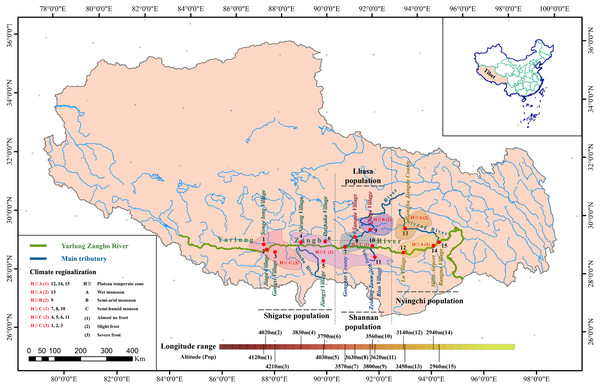 Geographic distribution of sampled S. moorcroftiana populations in the Yarlung Zangbo River basin.