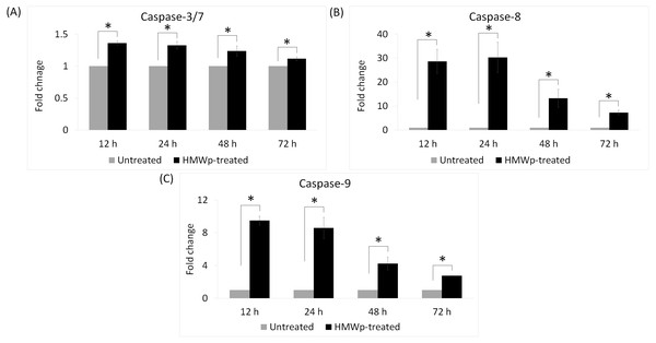 Caspase-3/7, -8 and -9 activities of the HMWp-treated MCF7 cells.