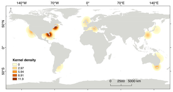 Kernel’s density heat map indicating the regions with scientific effort related to steroid hormones and reproduction in chondrichthyans during 1963–2020 (n = 59 papers).