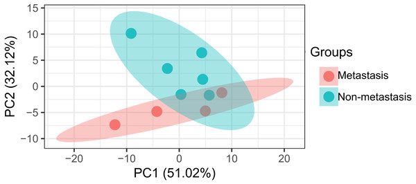 Principal component analysis of differentially expressed miRNAs in patients with lymph node metastasis compared to those without lymph node metastasis.
