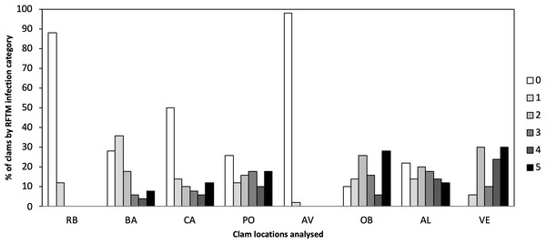 Percentage of P. olseni infection level of the different analyzed clams localities by RFTM method.
