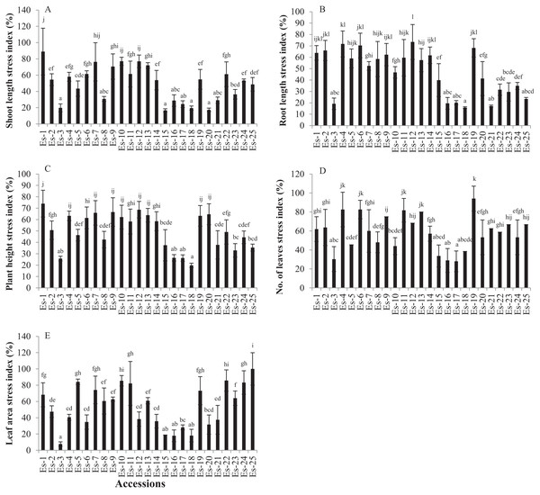 Effect of salt stress on growth parameters in E. sativa (A) Shoot length stress index (B) Root length stress index (C) Plant height stress index (D) leaf number stress index (E) leaf area stress index.