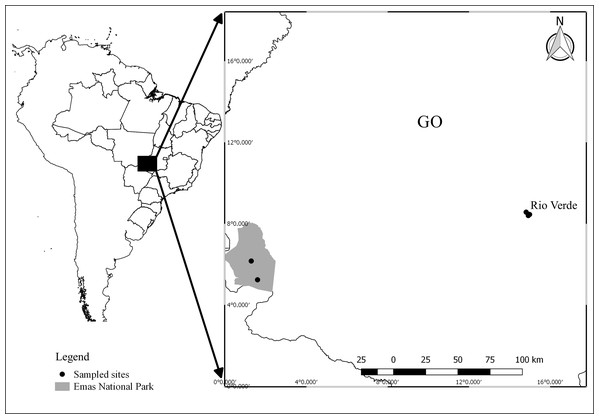Map showing the location of sampling sites in Goiás, Central Brazil.