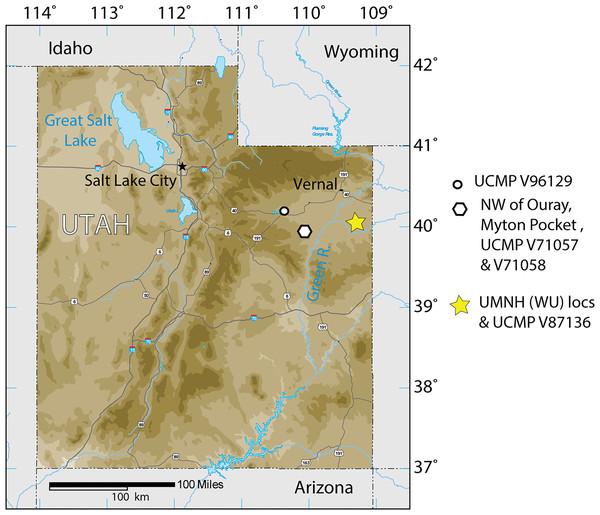 Index map of Utah and collection sites of Anosteira pulchra in the current study.