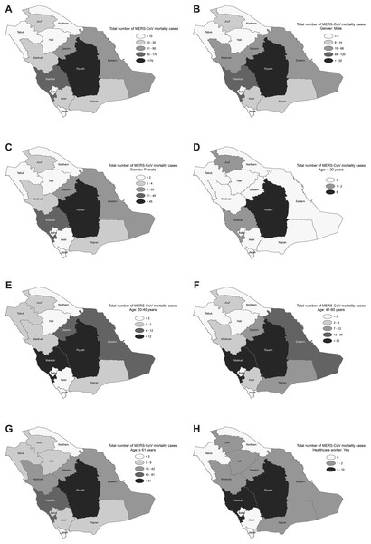 Spatial distribution of MERS-CoV mortality in Saudi provinces between 2012 and 2019 by (A) overall, (B) male, (C) female, (D) age < 20, (E) age 20–40, (F) age 41–60, (G) age ≥ 61 and (H) healthcare worker.