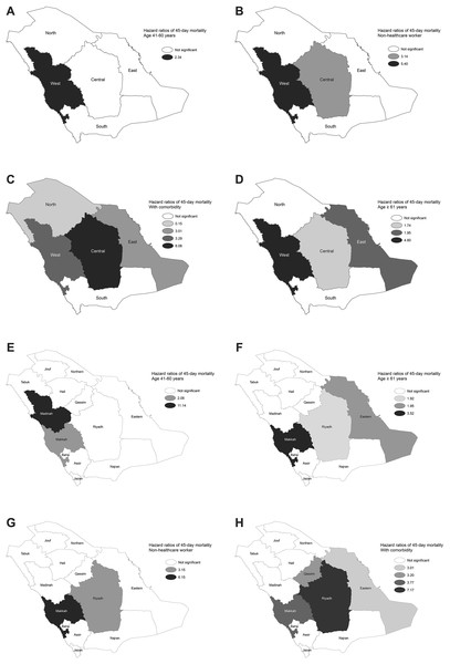 Spatial distribution of hazard ratios for MERS-CoV mortality risk factors based on multivariate analysis for each region between 2012 and 2019 for 45-day mortality by (A) age 41–60, (B) age ≥ 61, (C) non-healthcare worker and (D) comorbidity. For 45-day mortality by (E) age 41–60, (F) age ≥ 61, (G) non-healthcare worker and (H) comorbidity.