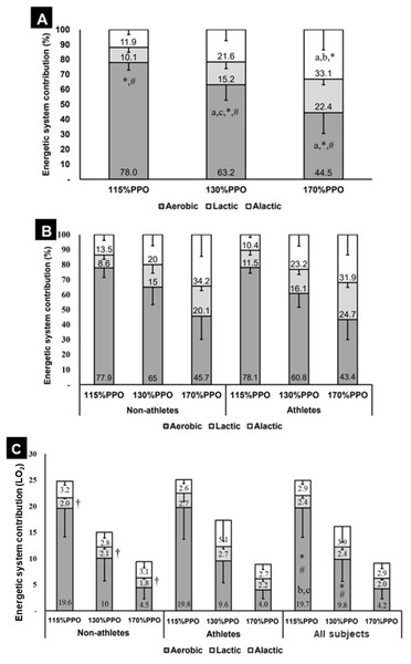 Energetic system contribution during the 20s:10s protocol at different intensitities (n = 16).