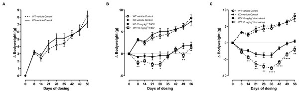 Bodyweight gain of GPR55 knockout and wild-type mice fed on a high fat diet and dosed with vehicle only (A), THCV (B) or rimonabant (C).