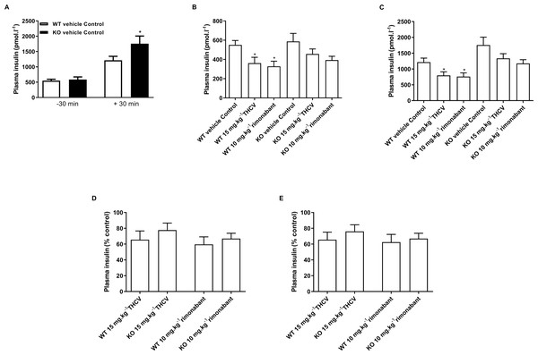 Plasma insulin concentrations during a glucose tolerance in GPR55 knockout and wild-type mice fed on a high fat diet and treated with vehicle, THCV or rimonabant.