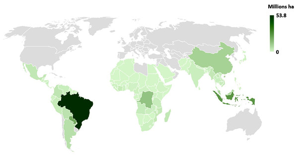 Geographic dstribution of tree cover loss in primate range countries.