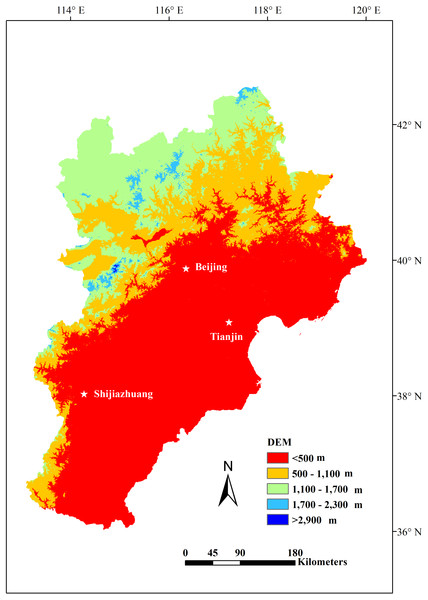 The location and DEM of the Jing-Jin-Ji region.