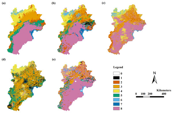 The modeling vegetation map of vegetation groups with highest accuracy by four methods and the VMC in Jing-Jin-Ji region.