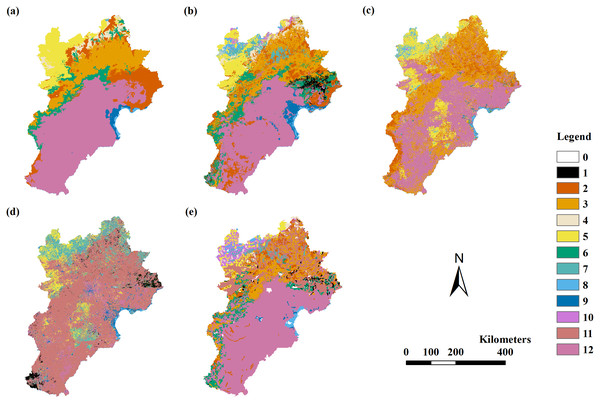 The modeling vegetation map of vegetation types with highest accuracy by four methods and the VMC in Jing-Jin-Ji region.