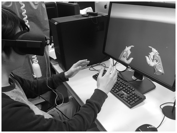 VR experiment: Demonstration of a subject observing the robot hand models.