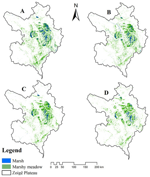 Distribution change of marsh wetland in the Zoigê Plateau over time.