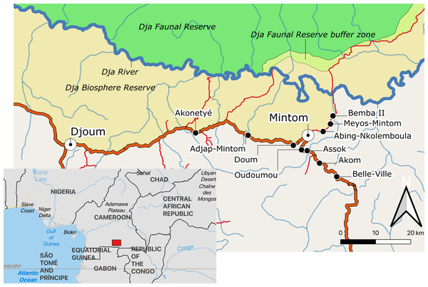  Map of the study area indicating the location of the ten study villages in southeastern Cameroon.