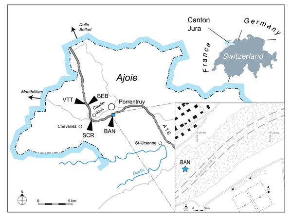 Geographical map of the Ajoie region, Canton of Jura, Switzerland.