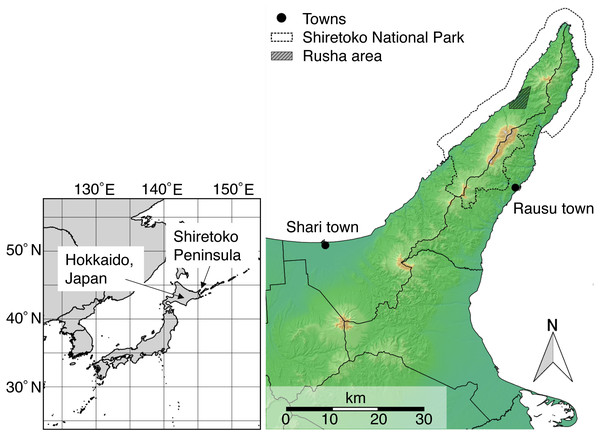 Map of the Shiretoko Peninsula, Hokkaido, Japan.